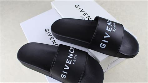 real vs fake givenchy slides|false Givenchy inscription.